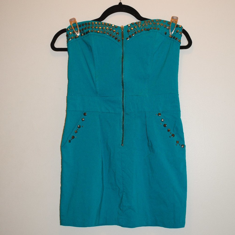 80s Studded Teal Strapless Dress with Pockets